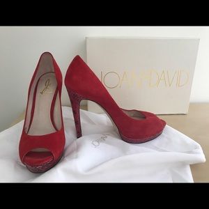Joan and David Red Suede Platform Peeptoe Heels